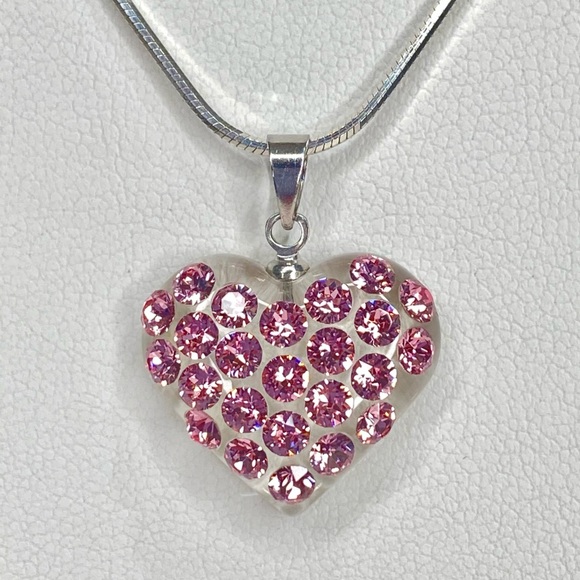 Pink Acrylic Crystal Heart Necklace & Chain With Genuine“Crystal Stone Elements” - Picture 4 of 10